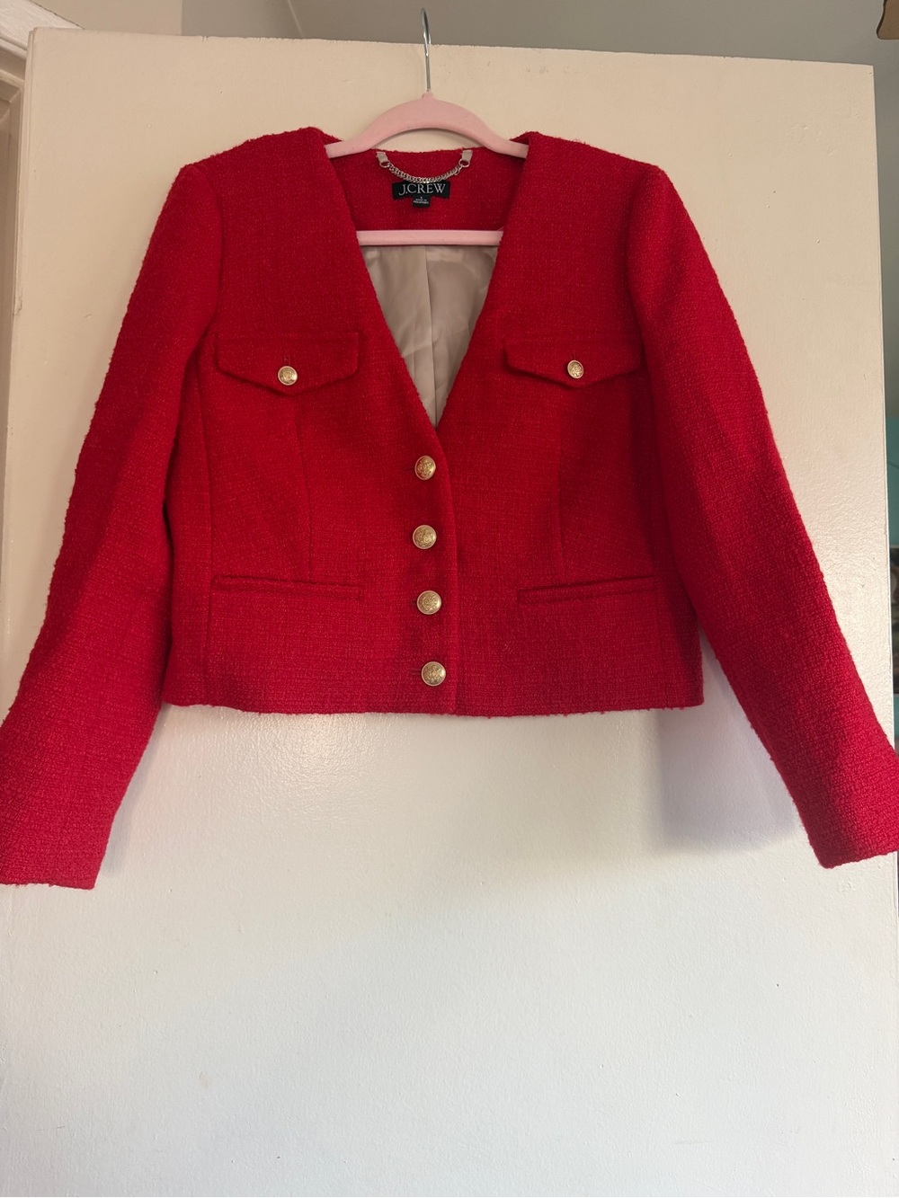 J. Crew Vibrant Red Tweed Cropped Blazer with Gold Buttons